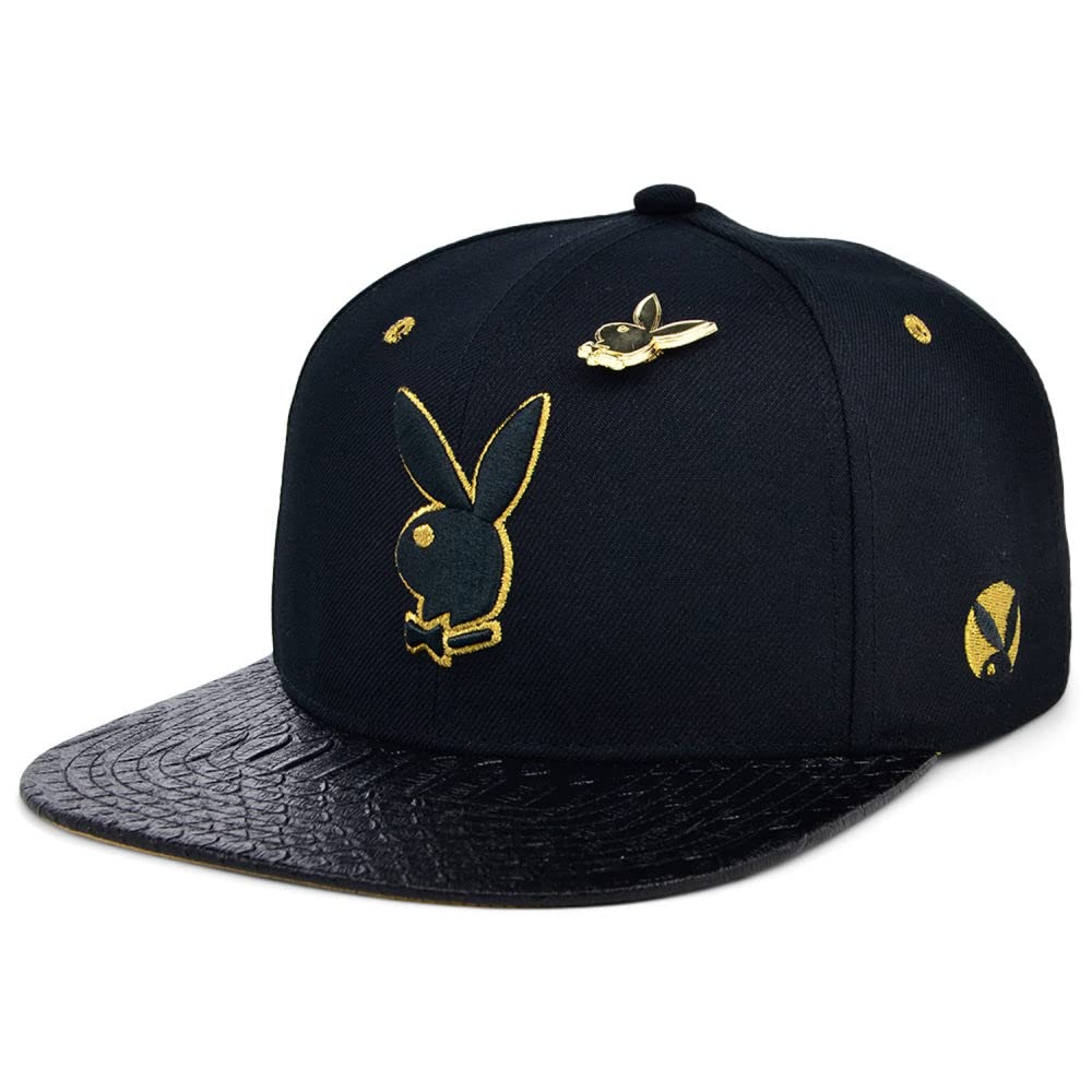 PlayBoy's unisex-adult Rush Flat Bill Adjustable Strapback Hat, Black/Gold, One Size