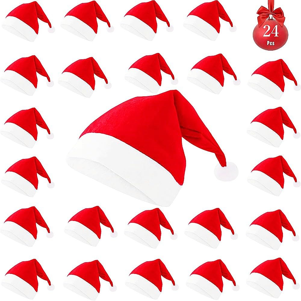 Photo 1 of 24Pack Santa Hat red Christmas Hats-Non-Woven Xmas Holiday Hat, Unisex Velvet Comfort Christmas Hats Cloth -Santa Hats for Adult & Child