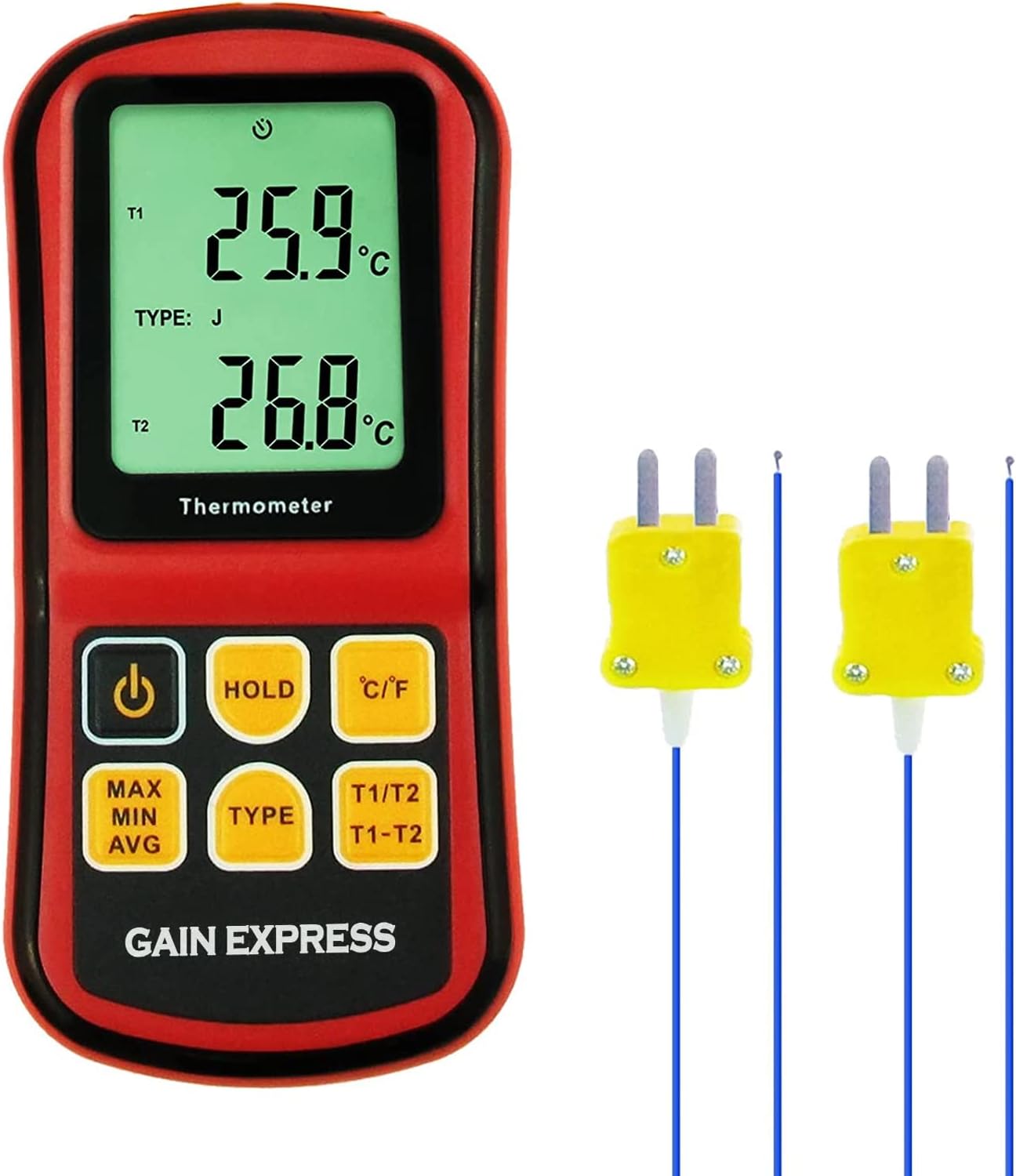 Digital K/J/T/E/R/S/N Type Thermocouple Thermometer Dual-Channel LCD Display -238~3212°F ATC Temperature Meter Tester, Celsius and Fahrenheit Accurate to ±0.1%+0.6℃, with Backlight