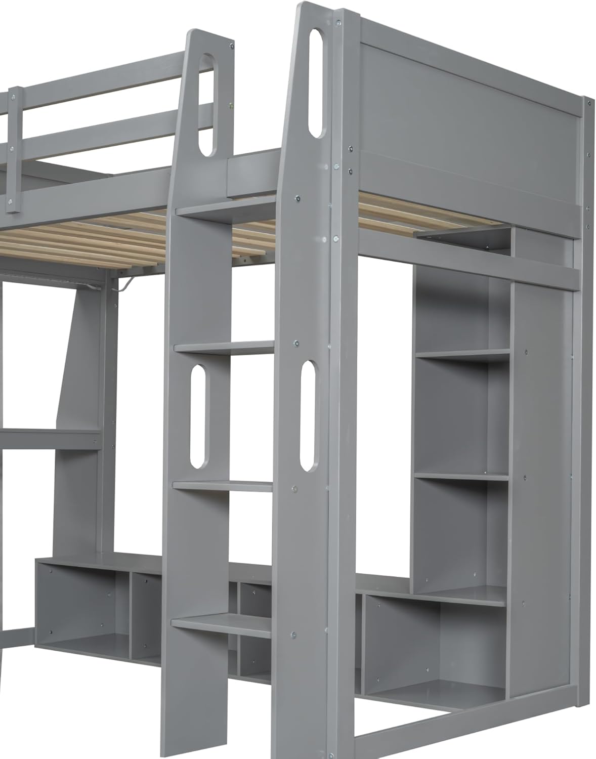 Gaming Loft Bed Twin Size with Desk and Workstation, Wood Loft Bed Frame with Multi-Storage Shelves and a Hanging Clothes Rack, Maximize Space Saving (Twin)