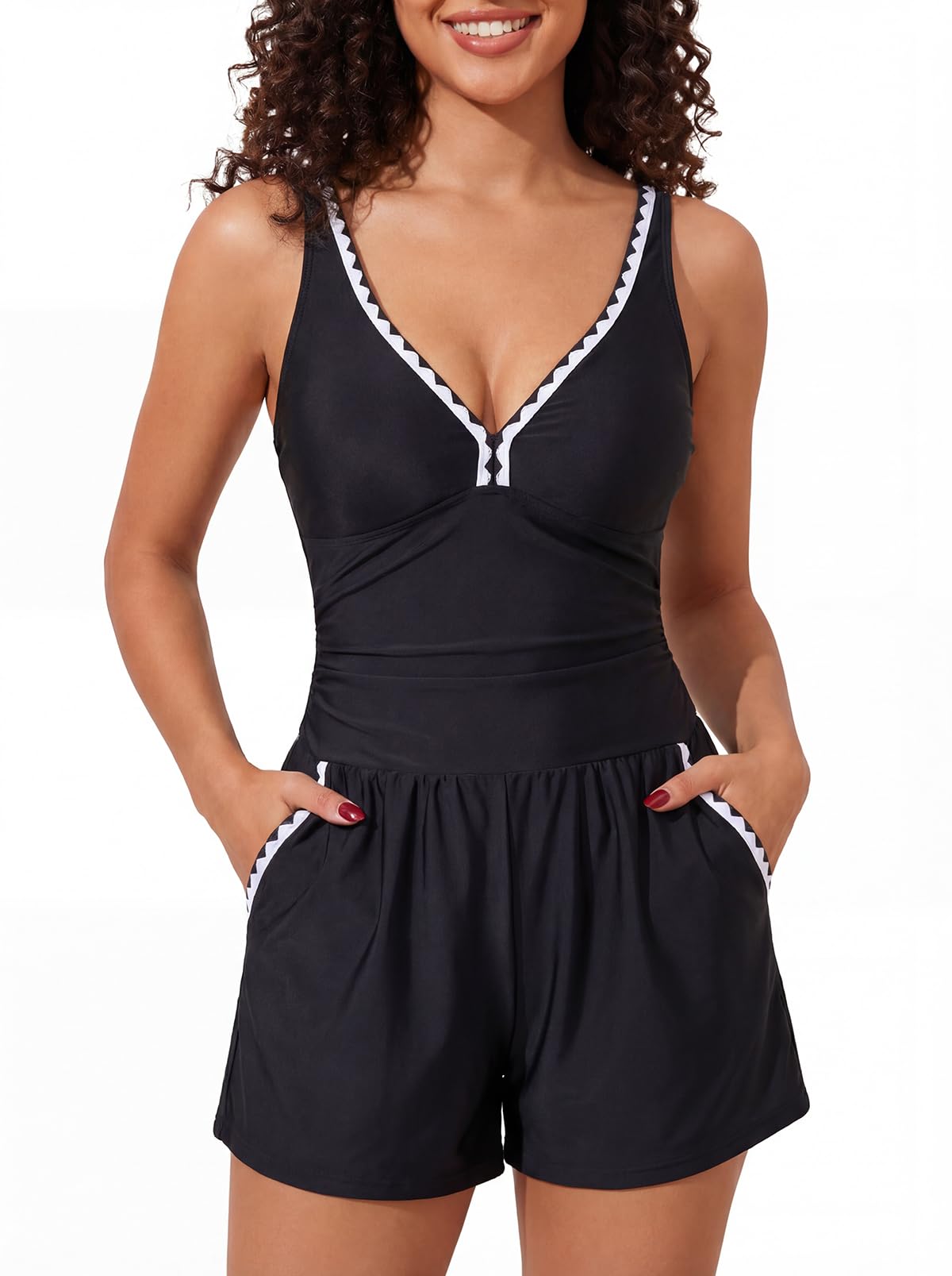 Swim Rompers for Women One Piece Tummy Control Swimsuits Modest Full Coverage Bathing Suits with Shorts and Pockets-image-18