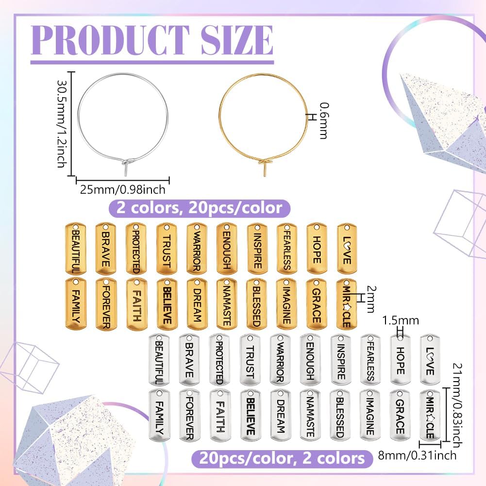 PH PandaHall 40 Sets Wine Glass Charms Inspiration Word Drink Charms Motivational Letters Pendants Wine Glass Cup Tag Ring Drink Identifiers for Stem Glasses Cocktail Champagne Tasting Party Favors