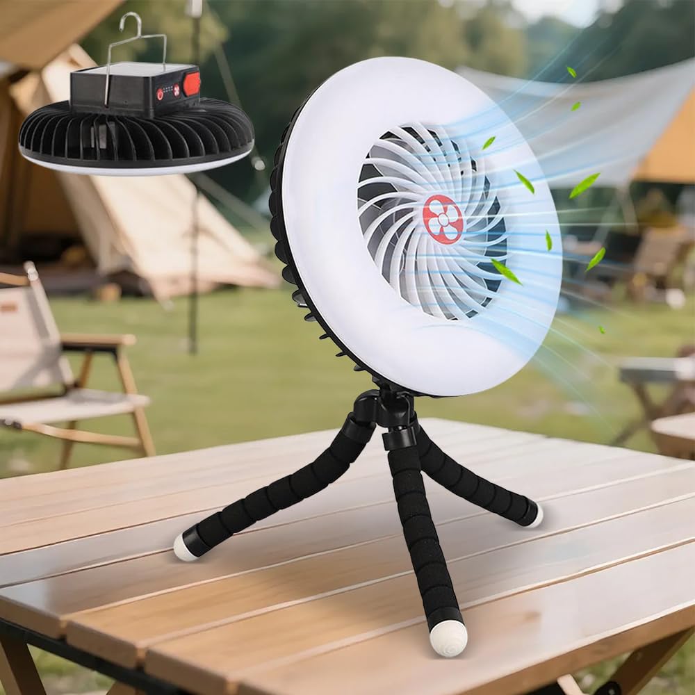 LED Campinglampe mit Ventilator USB Aufladbar, 2-in-1 Tragbarer Camping Ventilator mit Licht, Campingventilator mit Magnet und Hanging Haken, Zeltventilator für Wandern Angeln Strand Wohnwagen