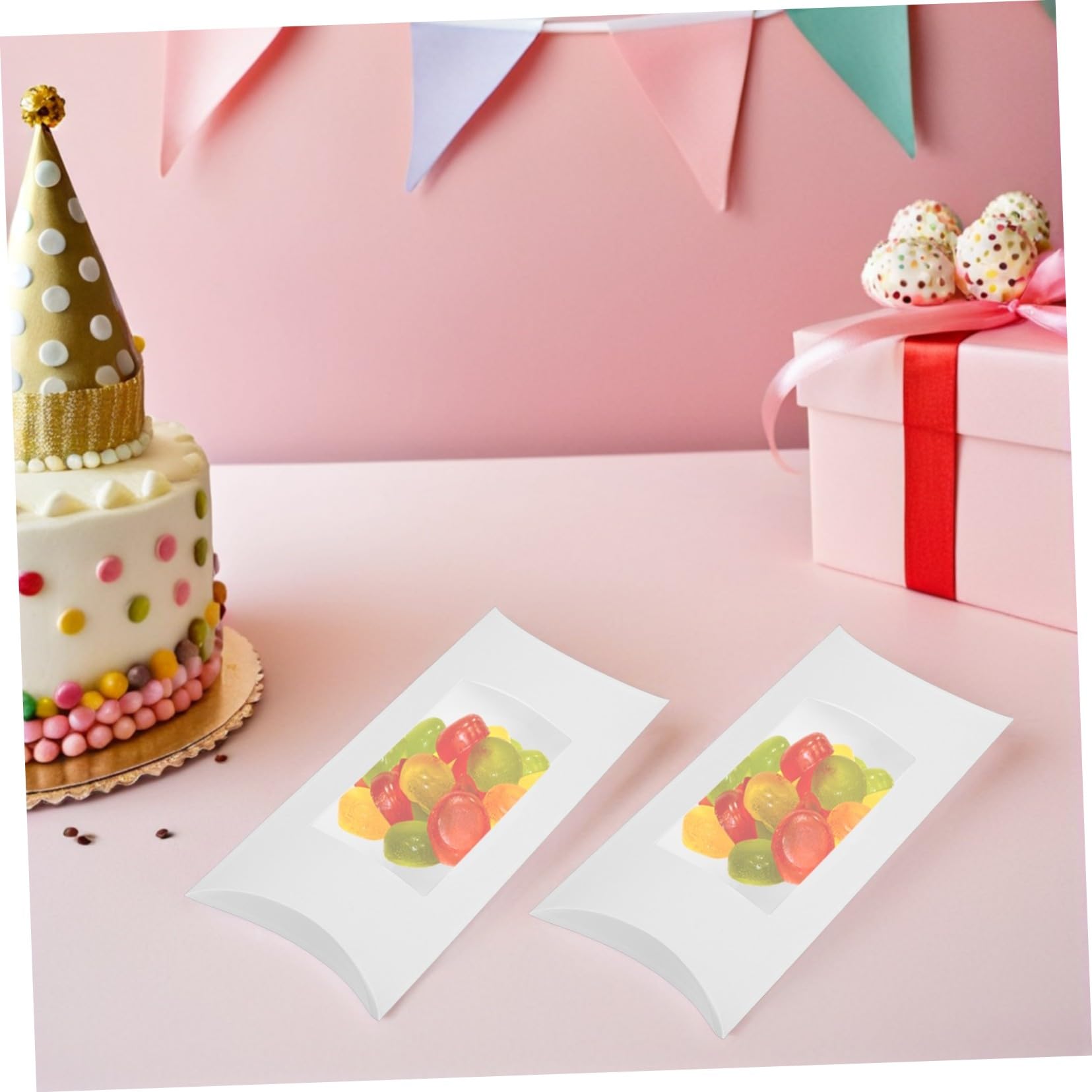 VERDANVERSE 50 Pezzi Scatole Cuscino con Finestra Trasparente Confezione in Carta Bianca per Caramelle Cioccolatini e Dolci Scatole Regalo Riutilizzabili per Gioielli e Dolci da Forno