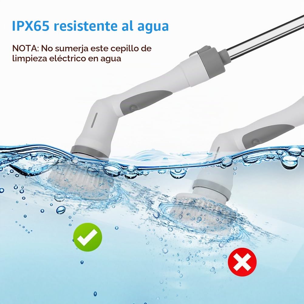 Cepillo de Limpieza Eléctrico Giratorio, 3 Cabezales de Cepillo, 1 Cabezal de Esponja, Mango Largo, IPX65 Resistente al Agua