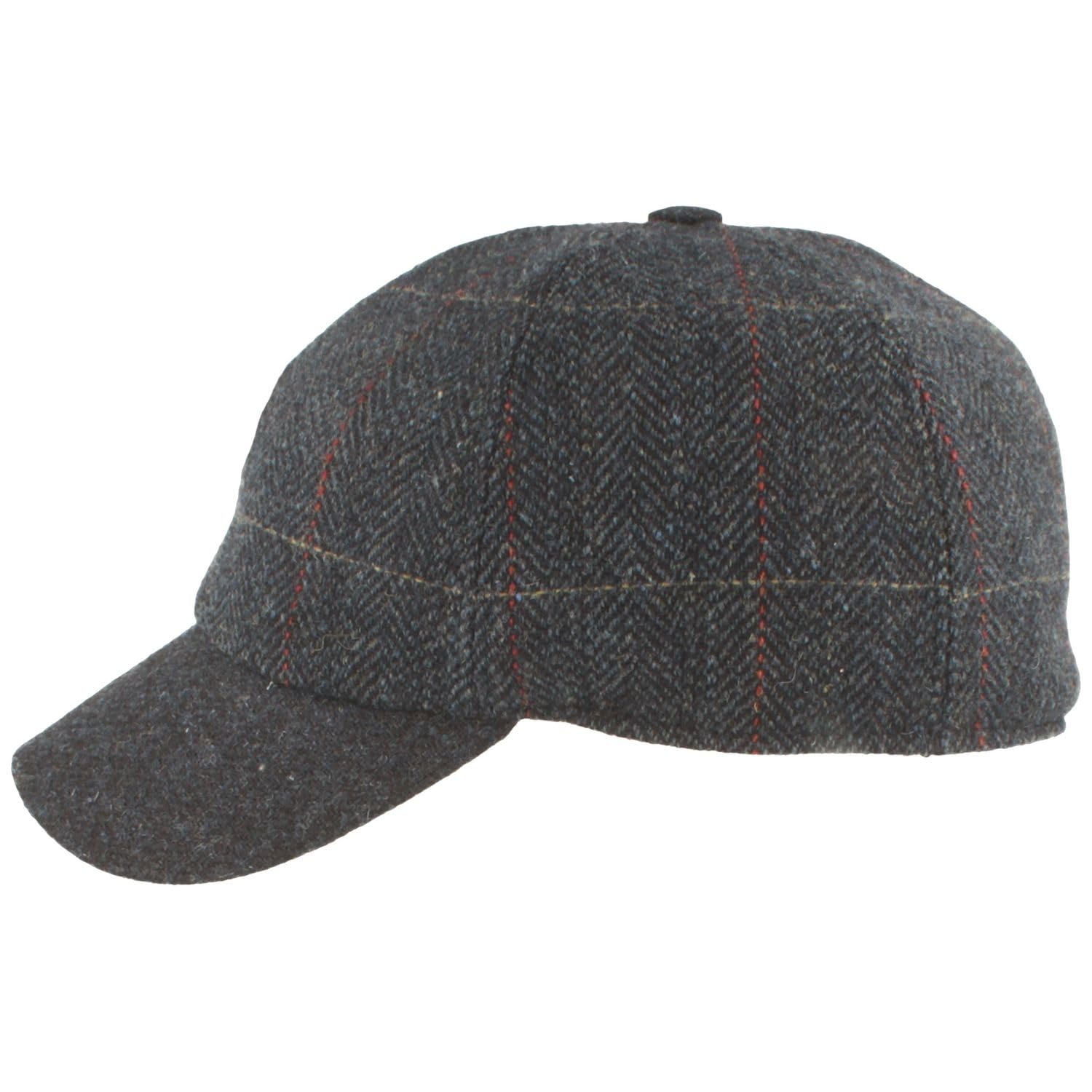 Breiter Herren Winter Baseball-Cap Schirmmütze Baseball-Kappe mit ausklappbarem Ohrenschutz – Basecap aus Wolle im Fischgrat Design & Steppfutter