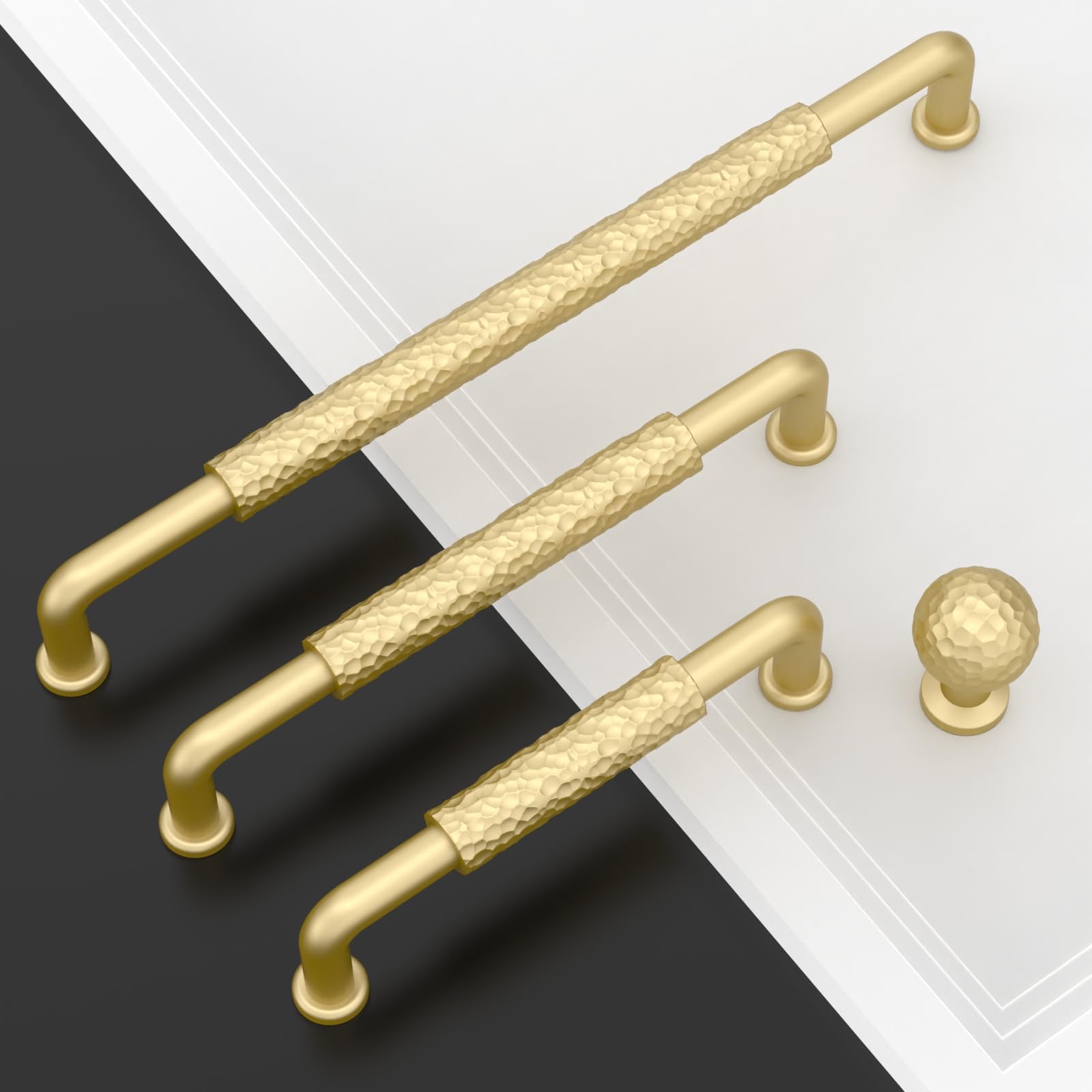Amerdeco ZH0066 - Paquete de 10 tiradores martillados en oro cepillado para armarios con orificio central de 5 pulgadas (128 mm), tiradores para cajones de cocina, tiradores para armarios de cocina,