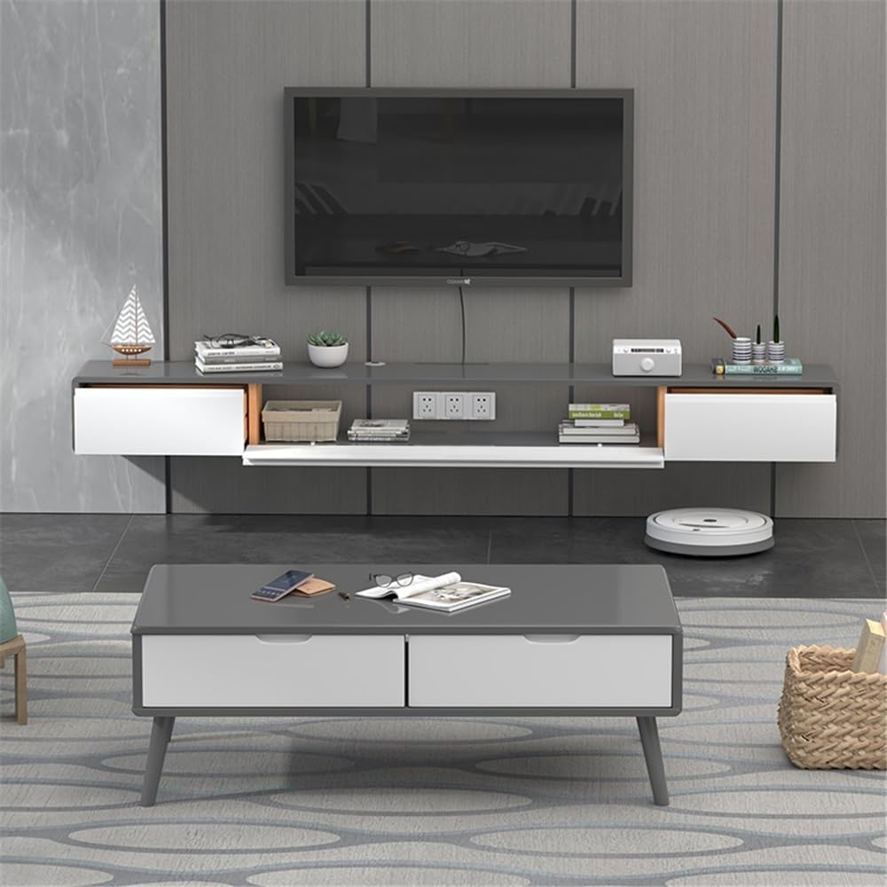 Consola de televisión Soporte Flotante for TV montado en la Pared, Centro de Entretenimiento Madera con Puerta abatible 2 cajones, Muebles Sala Estar Estilo Moderno, Caucho(220cm)