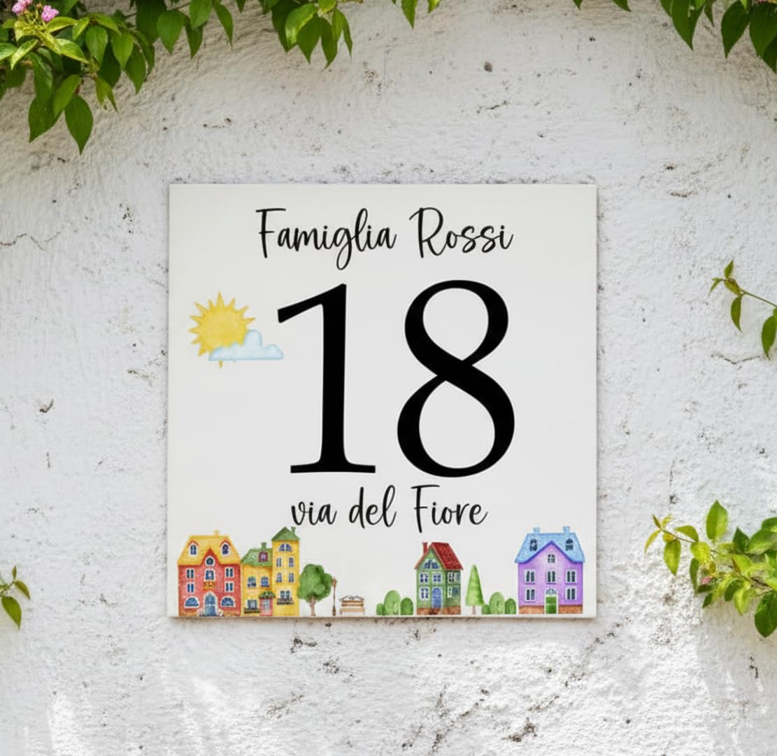 Numero Civico in Ceramica Personalizzabile, Targa Decorativa su Mattonella 11x11cm, Numeri Civici Esterno con Indirizzo e Nome Famiglia, Made in Italy, Stile Moderno