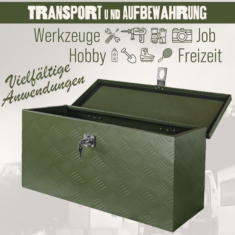 Trucky Caja de herramientas verde para barras de remolque, caja de aluminio, con tapa, con cerradura, caja de aluminio, caja de transporte, caja de herramientas, caja de aluminio