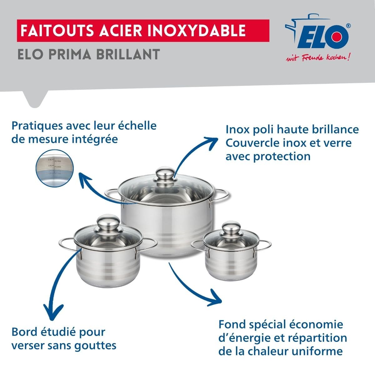 Elo Batterie cuisine poêle 28 cm et 3 faitouts 12/14/20 cm | Lot complet pour équiper la cuisson, 1 poêle 28 cm et 3 faitouts, Inox robuste, Induction et four, Entretien simplifié