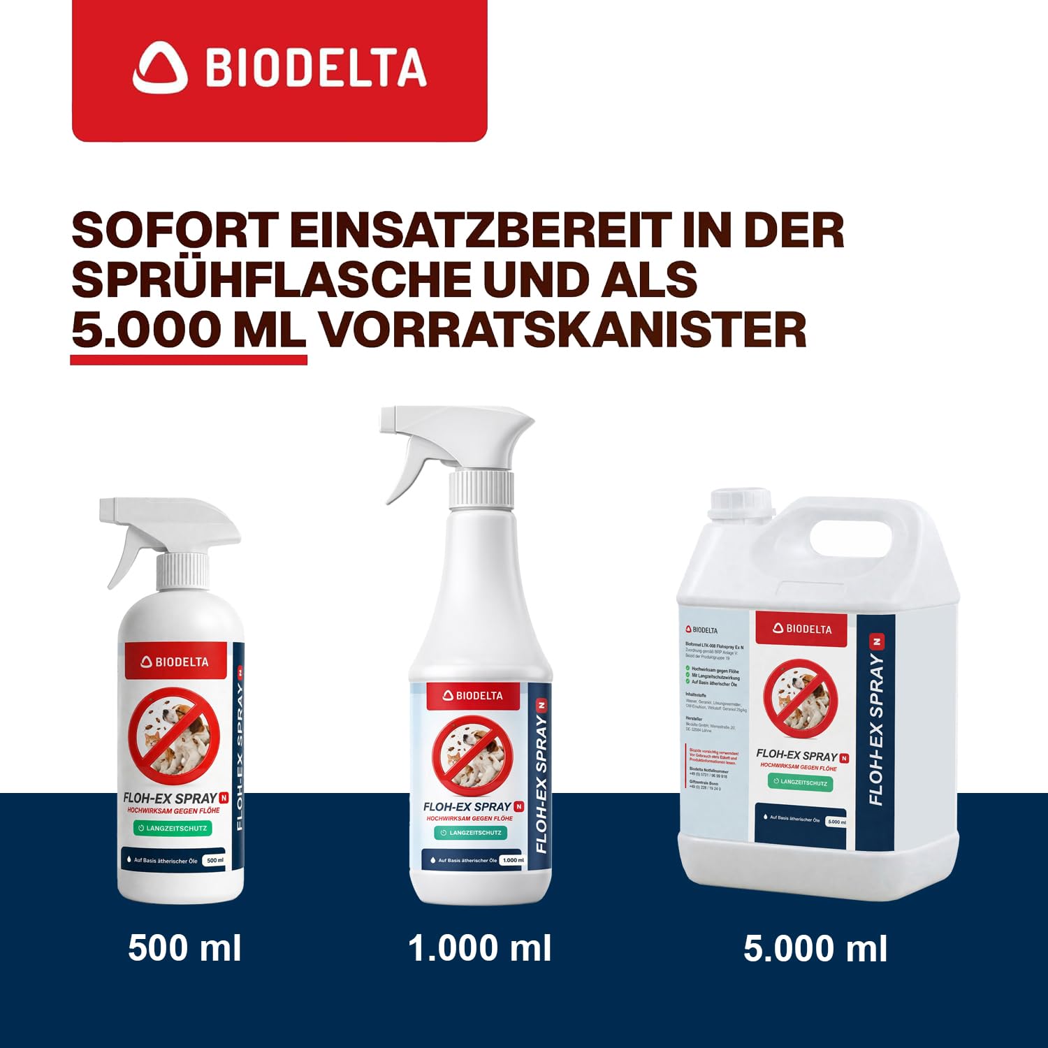 Biodelta Anti Flohspray 5L für Hund Katze - Floh-Ex Umgebungsspray Haustier Hundeflöhe Katzenflöhe bekämpfen bei akutem Befall & präventiv - Flöhe Spray Wohnung Möbel Bett - hochwirksam