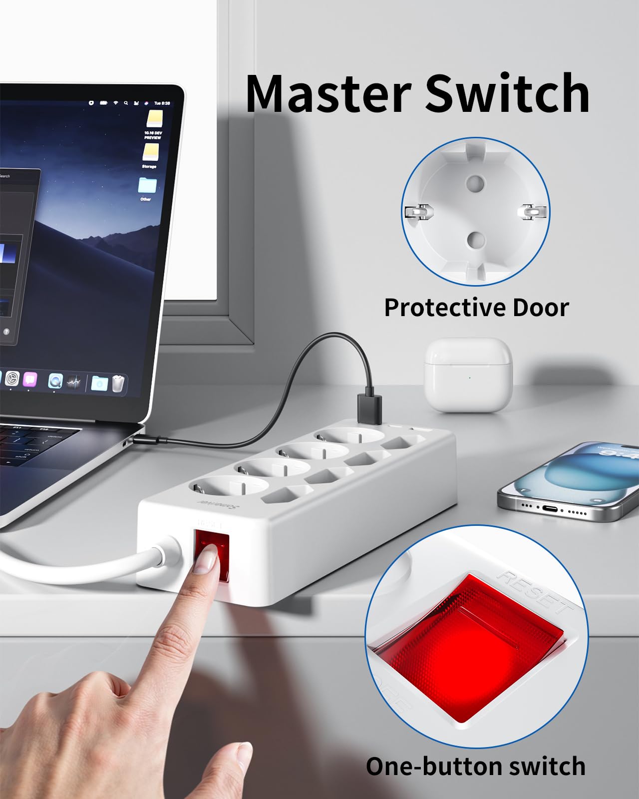 Ciabatta Elettrica Multipresa USB, 8 prese di Corrente e 3 USB, Striscia di Alimentazione Protetta da Sovratensione, presa di da 3 M con Interruttore per Scrivania, Ufficio, Casa, Bianca F(Schuko)