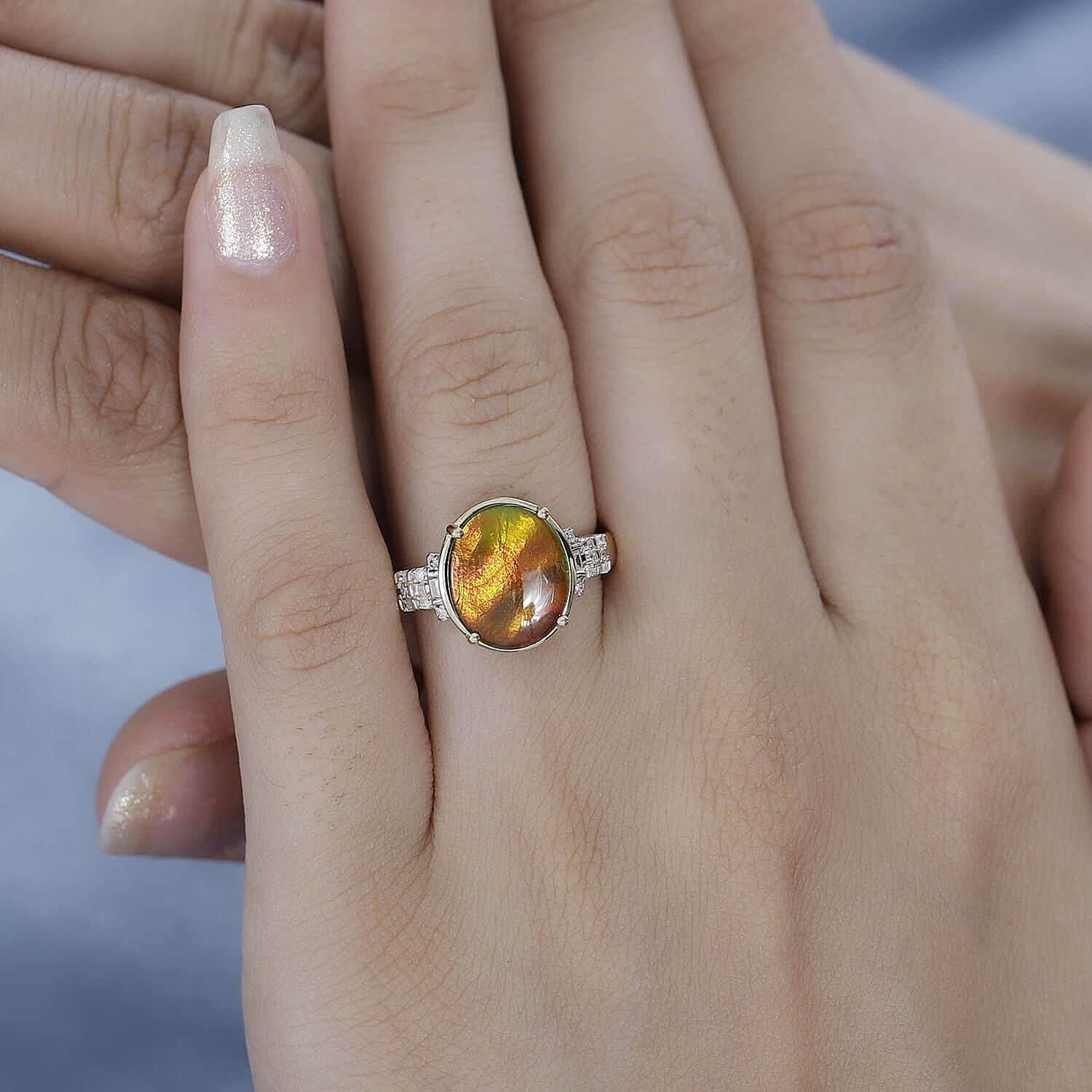 LUXORO Ammolite White Diamond 10K Yellow Gold Ring for Women Jewelry Ct 0.11 G-H Color I3 Clarity Birthday Christmas Gifts