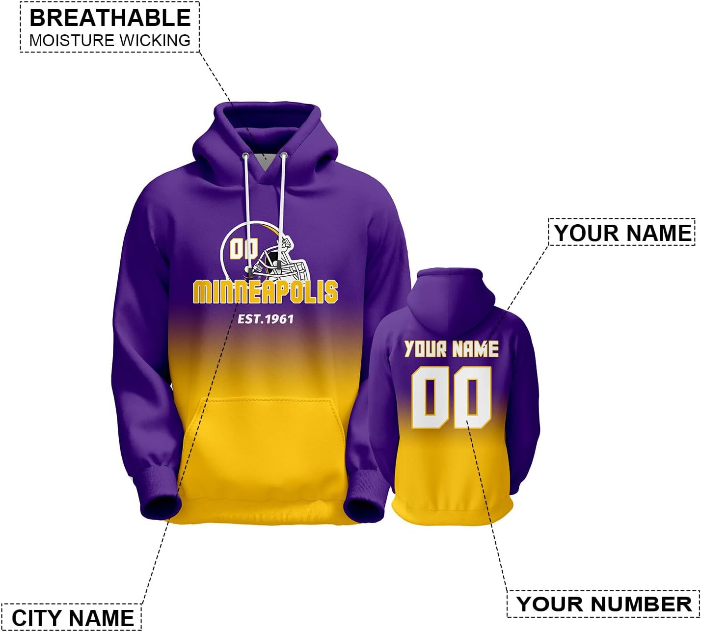 DDJAM Custom Men's Hoodie Football City Fans Gifts for Men Women Youth Pullover Hooded Sweatshirt Personalize Name & Number