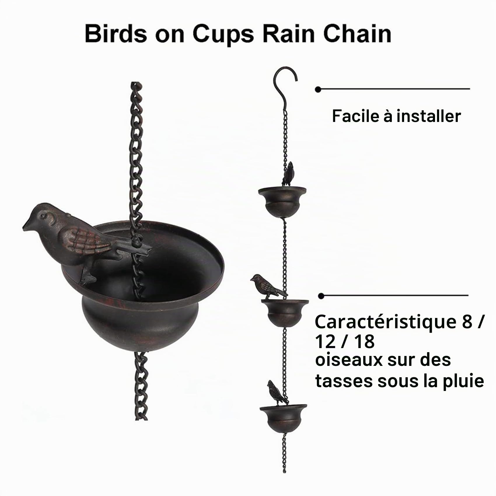 Chaine De Pluie pour Gouttiere, Chaîne d'eau De Pluie, Oiseaux Mobiles sur Tasses, Jeux de Pluie, 7,8 Pieds, Chaîne Attrape-Pluie, Jeux de Pluie avec Crochet de Suspension fixé et Oiseaux