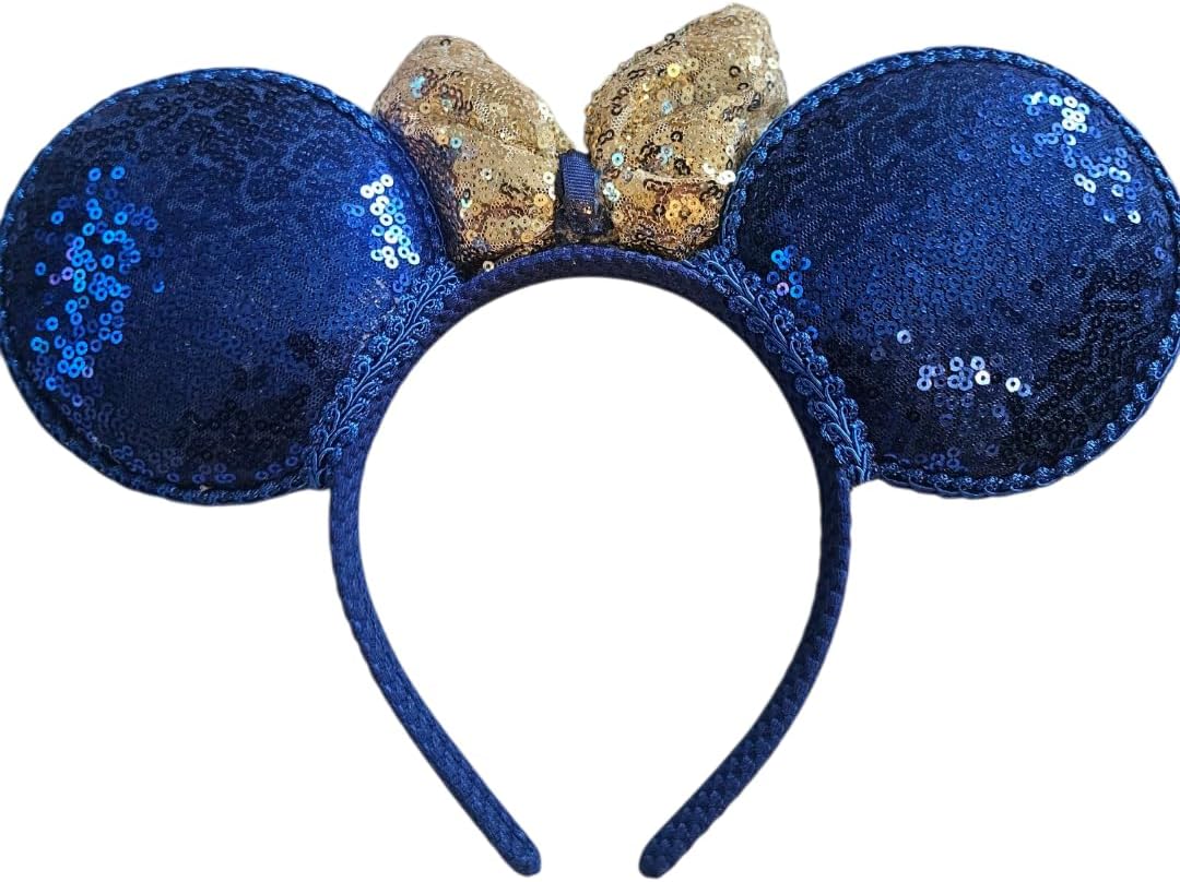 Greatlildeal Rams Blue Sequin Mouse Ears Headband with Gold Bow, Sports Fan Spirit Gear, Team Logo Design