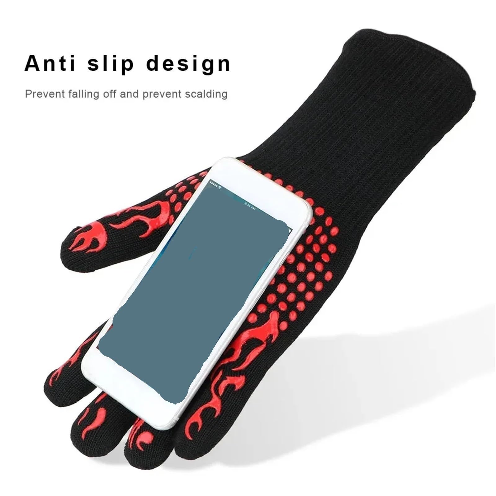 1 par de Guantes Horno Resistentes al Calor: Silicona Antideslizantes y a Cortes for Barbacoa, Cocina, Parrilla, Camping Utensilios(Red 32CM)