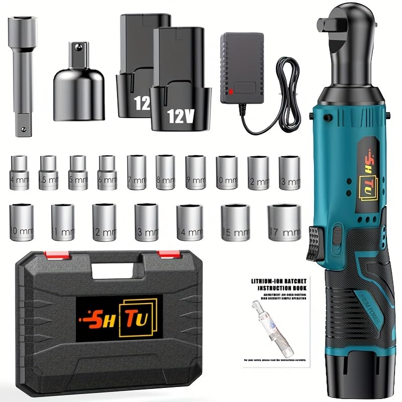 Wireless electric ratchet wrench set, brushless electric ratchet wrench, suitable for home and car repairs, a holiday gift for men, optional. (Battery 2+plastic box+multiple accessories)