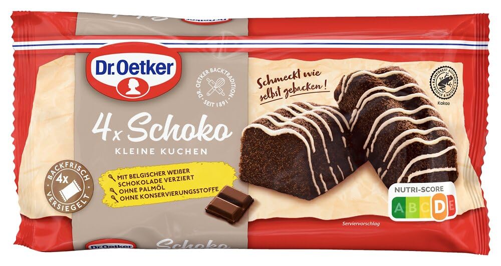 Dr. Oetker fertige kleine Schokokuchen 5er Pack, jeweils 4 Kuchen à 35 g, Mini Rührkuchen verziert mit belgischer weißer Schokolade, einzeln verpackt, sofort verzehrfertig, ideal für unterwegs
