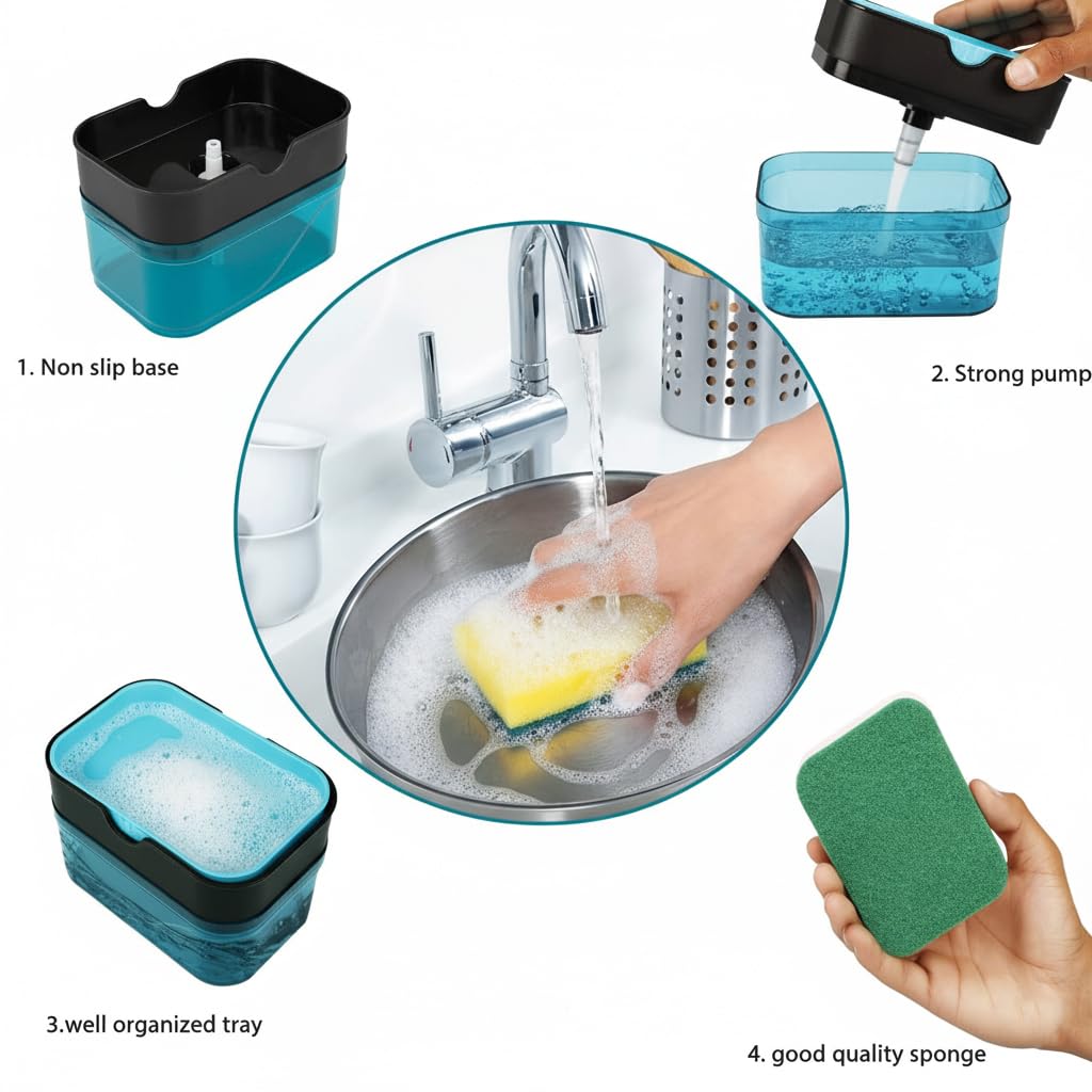 KBS 2 in 1 Liquid Soap Holder Dispenser Pump for Dishwasher 400 ML with Sponge for Kitchen Sink,Bathroom,Restaurant Cleaning Supply Accessories Item Gadgets Multipurpose Durable Plastic (Blue) 4
