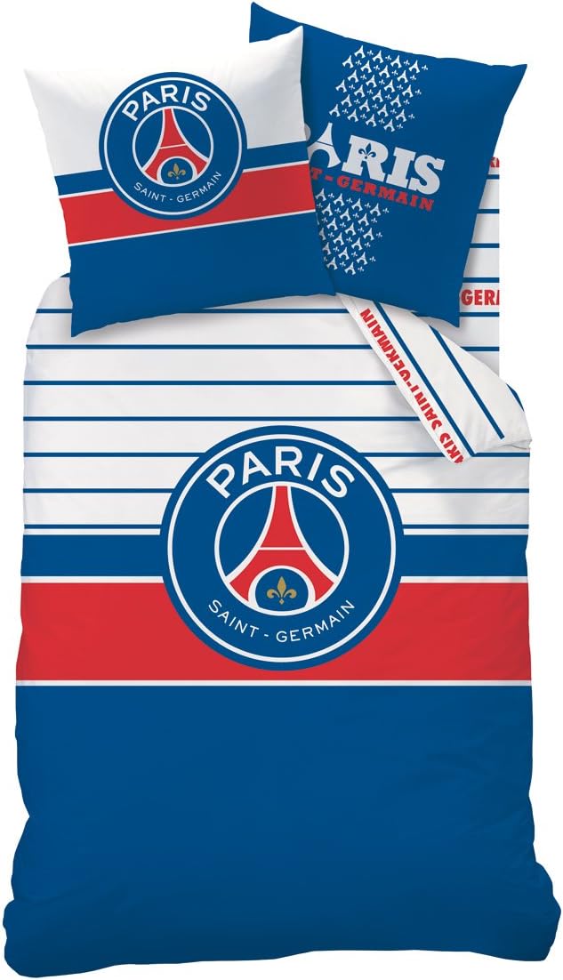 PSG LOGO Parure de lit Enfant | 100% Coton | OEKO-TEX | Housse de couette 140x200cm + 1Taie d'oreiller 63x63cm | Imprimé Gaçon | Bleu