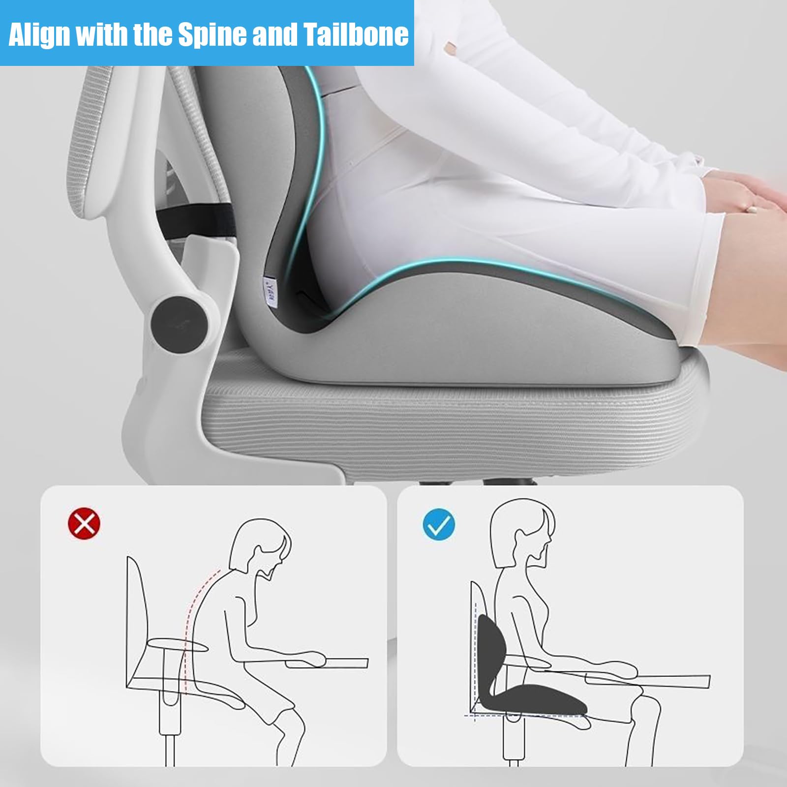 Cuscino ergonomico a forma di L con supporto lombare, cuscino per sedia in memory foam, per stare seduti e guidare a lungo (44 x 40 x 37 cm, A)