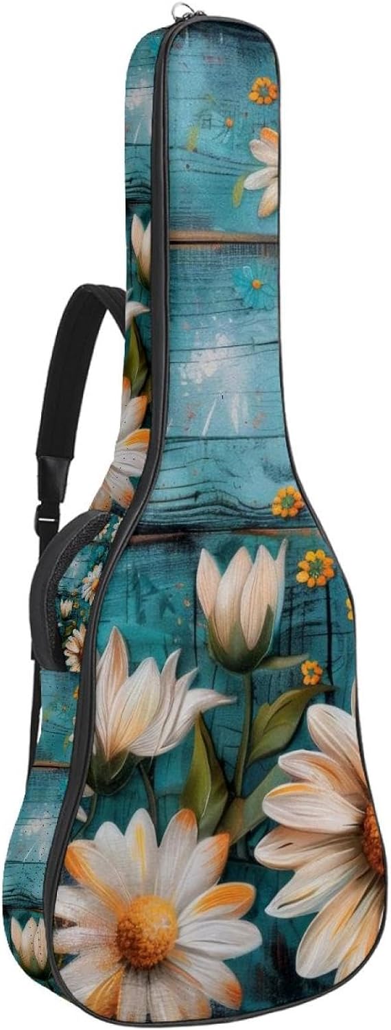 Acoustic Guitar Bag, 40 41 42 Inch Guitar Case Cover Soft Guitar Gig Bag for Acoustic Electric Bass Classical Guitar, Teal Daisy Flowers and Butterfly on Country Wooden Texture