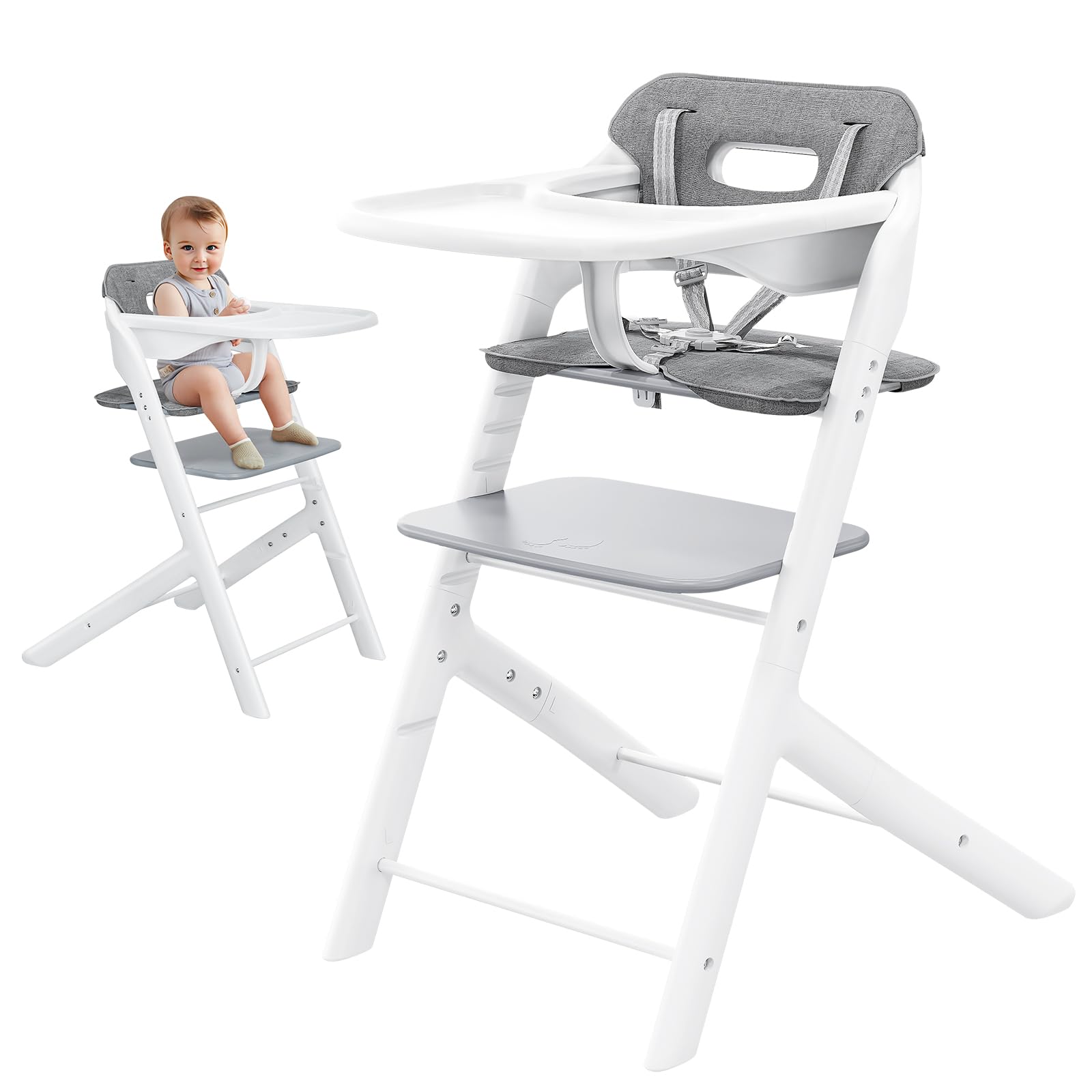 (2025 New) Axidou Baby High Chair with Removable Tray, Cushion & Safety Harness, Adjustable Seat and Footrest Heights for Children 6+ Months (White)