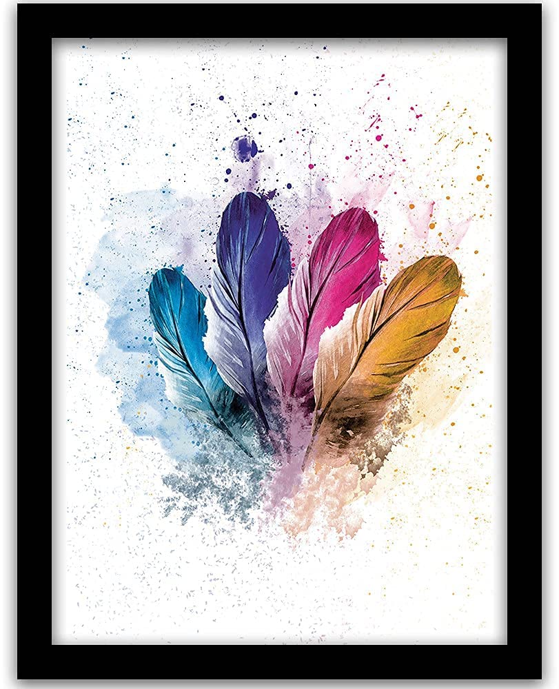 Vasl Studio Fascinating Multicolored Feather Good Luck Painting Suitable for Modern Home Decor, Cafe, Restaurant and Work Space (11inch X 14 inch, Framed) Single