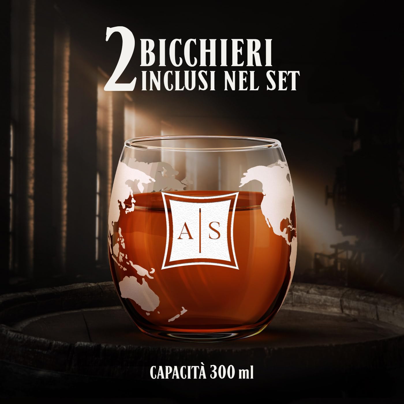 Maverton Decanter per Whisky in vetro - incisione personalizzata - Caraffa a forma di mappamondo da 850 ml + 2 bicchieri da whisky - idee regalo per anniversario - eleganza
