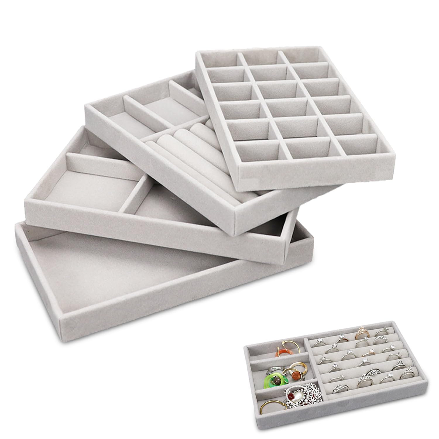 LucyStudio Vassoi Per Gioielli Organizer In Velluto 4 In 1 Vassoi Portaoggetti Impilabili Grigio Organizzatore Per Cassetti Per Bracciali Orecchini