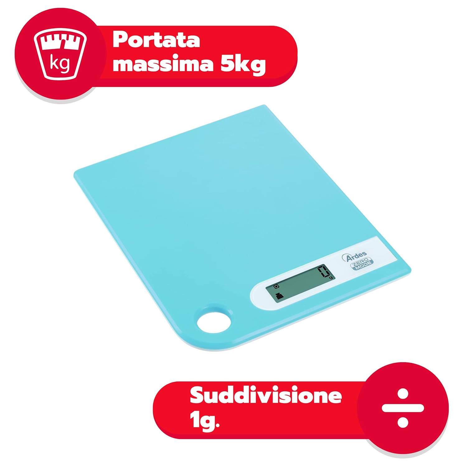 Ardes kitchen scale showing maximum capacity of 5kg and 1g subdivision