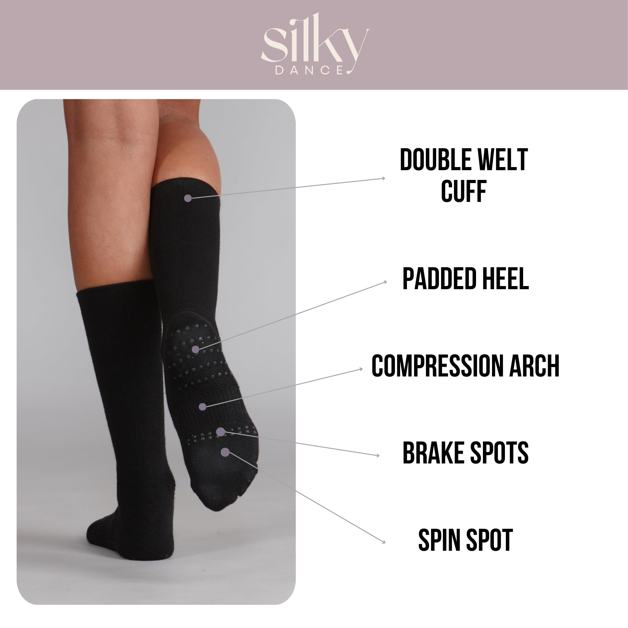 Chaussettes de danse avec poignées tournantes en silicone et point de rotation – Chaussettes de danse contemporaines plates pour filles et femmes en nude et noir