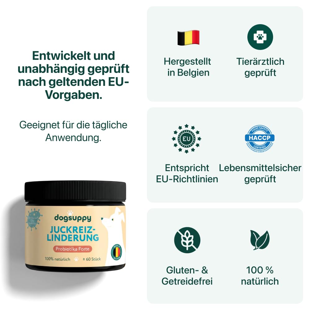DogSuppy Juckreiz Linderung, Probiotika für Hunde, gegen Juckreiz und zur Stärkung des Immunsystems, Unterstützt die Verdauung & Darmflora, 3 Milliarden Probiotika pro Snack, 60 leckere Snacks