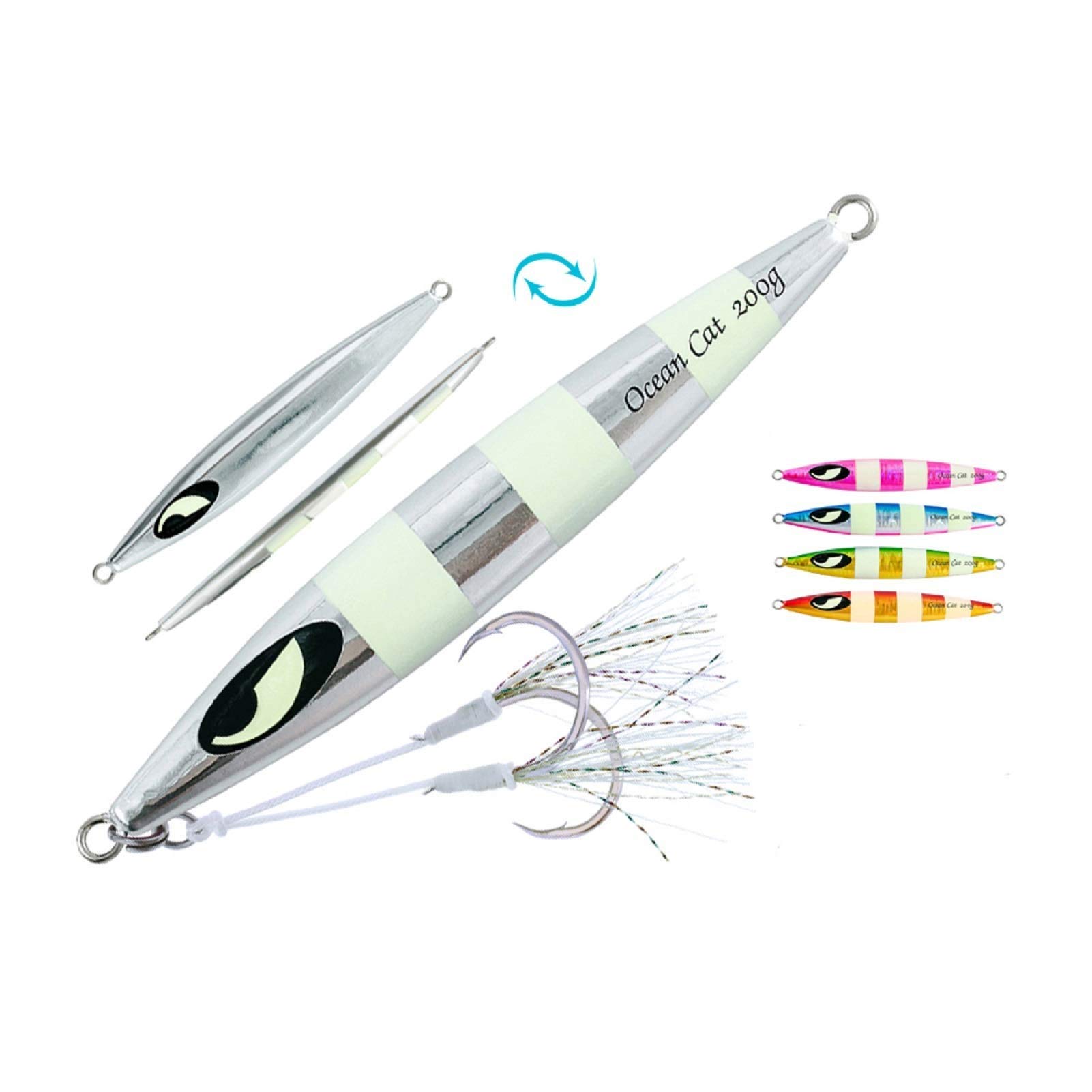 OCEAN CAT Deep Water Fast/Slow Glow Metal Lead Jig Jigging Fishing Lures Baits Tackle 60g/80g/150g/200g/250g 240lb (Silver, 80g)