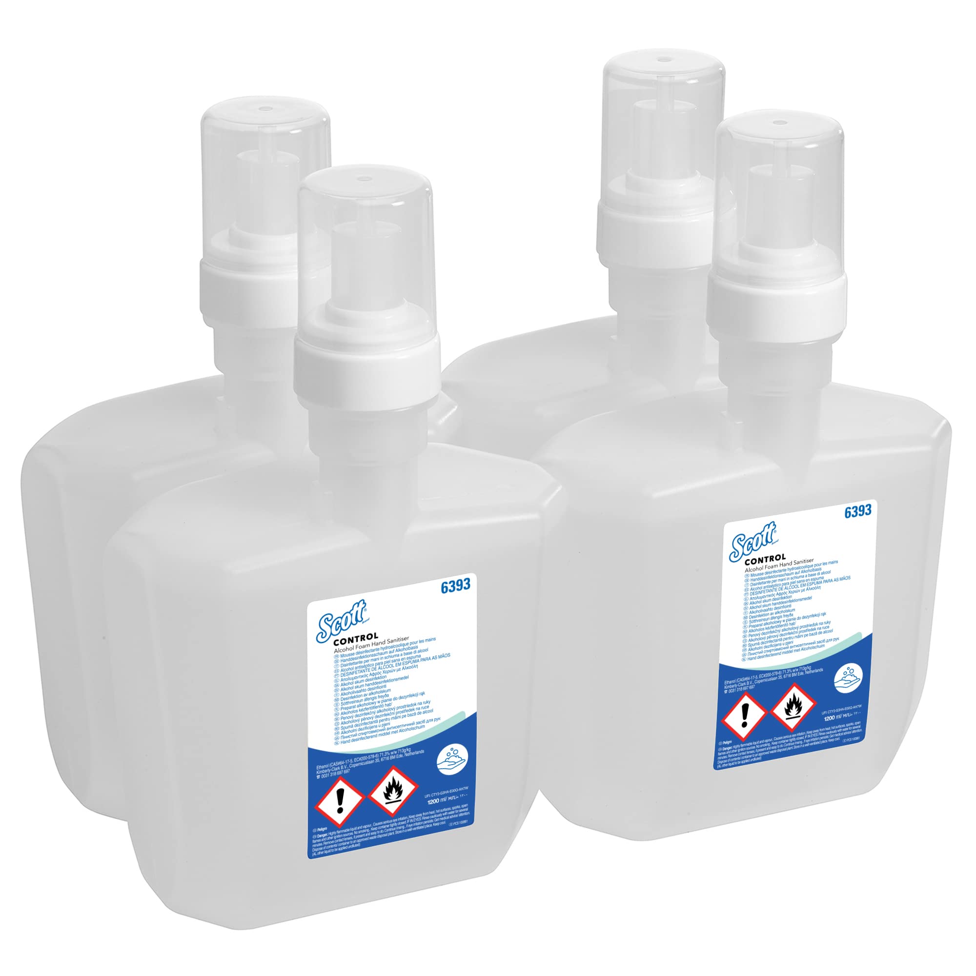 Scott Control Handdesinfektionsschaum auf Alkoholbasis 6393 – 4 x 1,2 Liter Handdesinfektionsmittel, Nachfüllpackung (4,8 Liter gesamt)