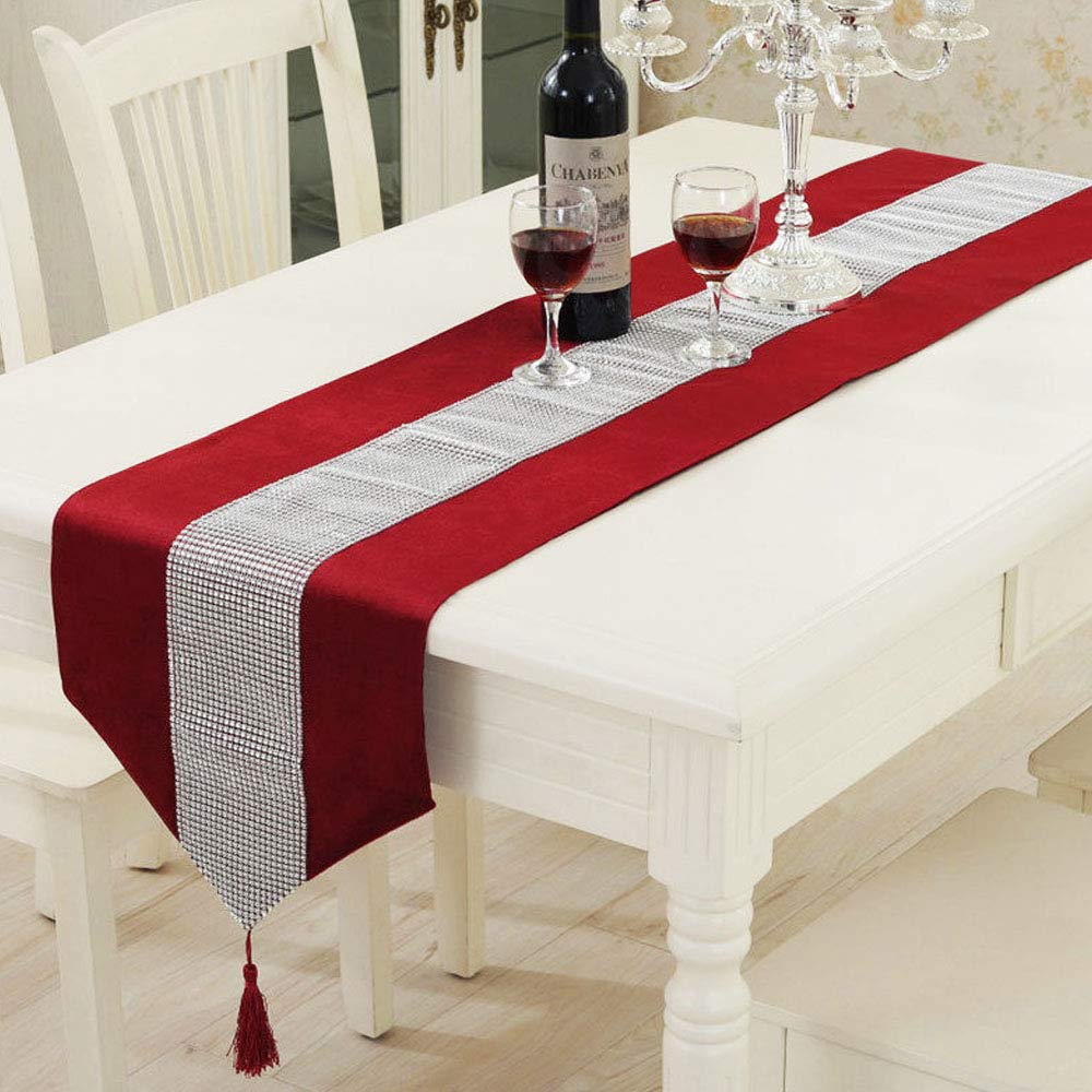 Time to Sparkle Luxury Velvet Diamante Table Runner Thick Velvet Chenille Satin Tasseled Christmas Xmas (red, Runner 31x183cm)