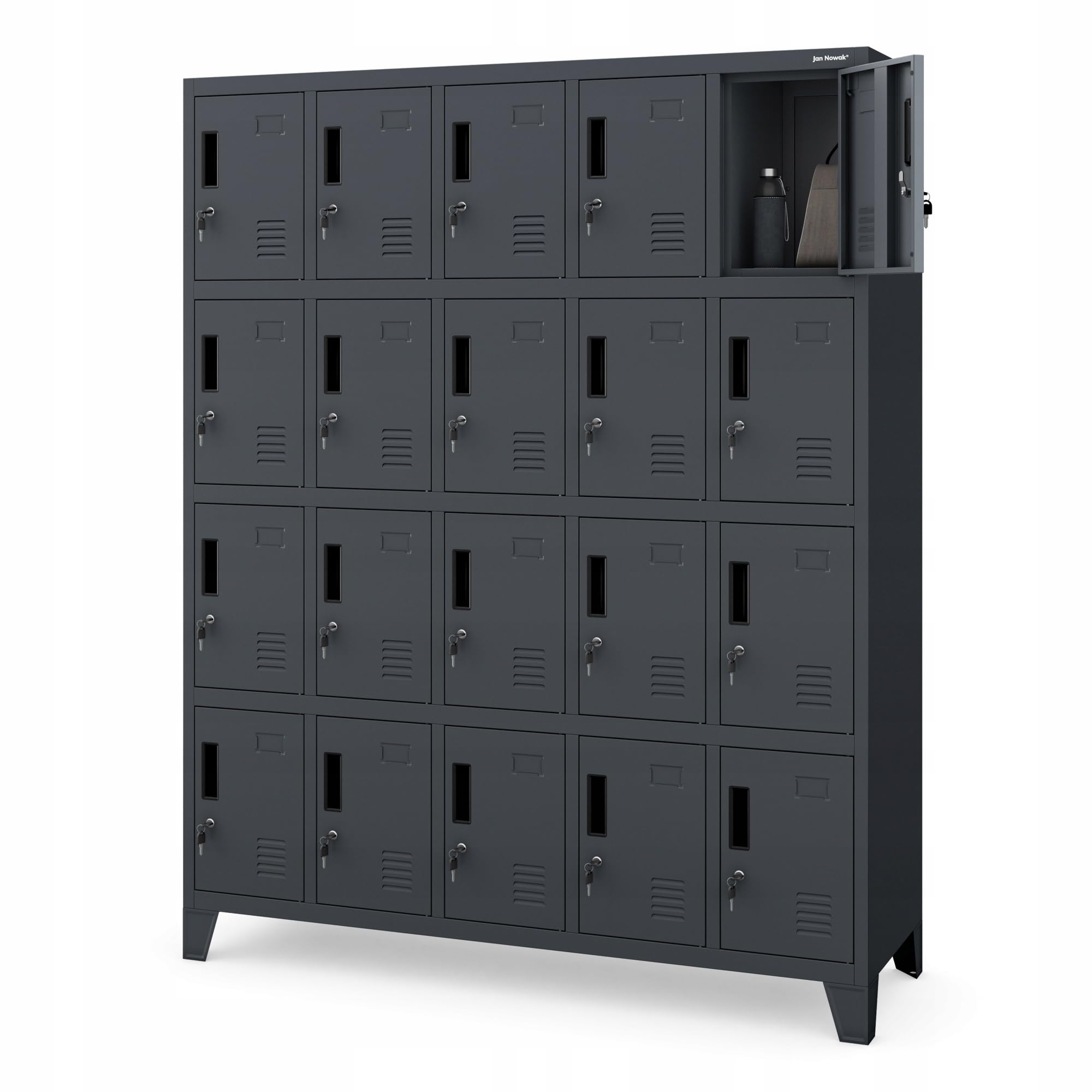 Jan Nowak Umkleideschrank Metall für 20 Nutzer, abschließbar, 172x136x45 cm | Spindschrank Personalschrank für 20 Nutzer, abschließbare Fächer je 10 kg, Lüftung, Namensschilder, Stahl, Wandmontage