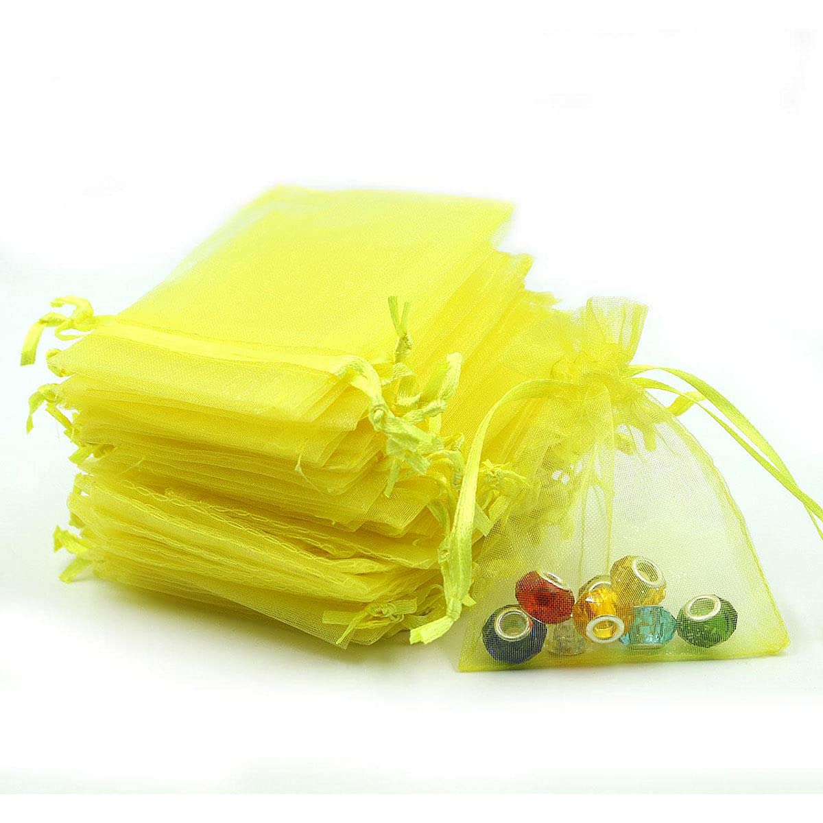 Jwsqmc 4x6 Inch Organza Gift Bags with Drawstring for Jewelry,Candy,Set of 100 Yellow Funny Sachet,Sheer Fabric Mesh Ribbon Pouches for Baby Shower,