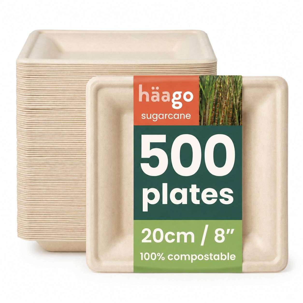 HAAGO 500 Premium Sugar Cane Bagasse Disposable Side Plates, Square, Sturdy, Biodegradable, Environmentally Friendly & Compostable - 20cm/8"