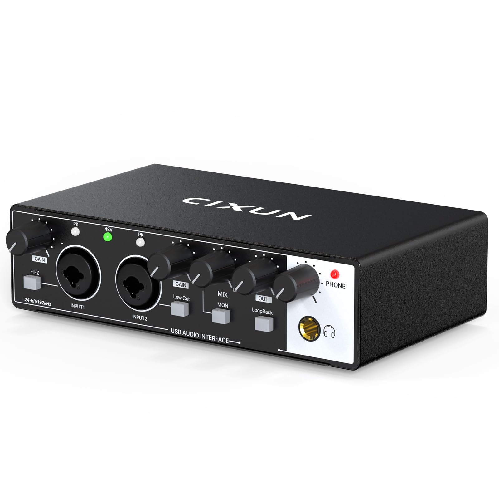 Carte Son Externe,2×2 Interface Audio USB-C pour PC,24 Bits/192 kHz, Doubles Entrées TS/XLR,Alimentation Fantôme +48 V,pour Studio/Podcast/Diffusion en Direct (Noir)