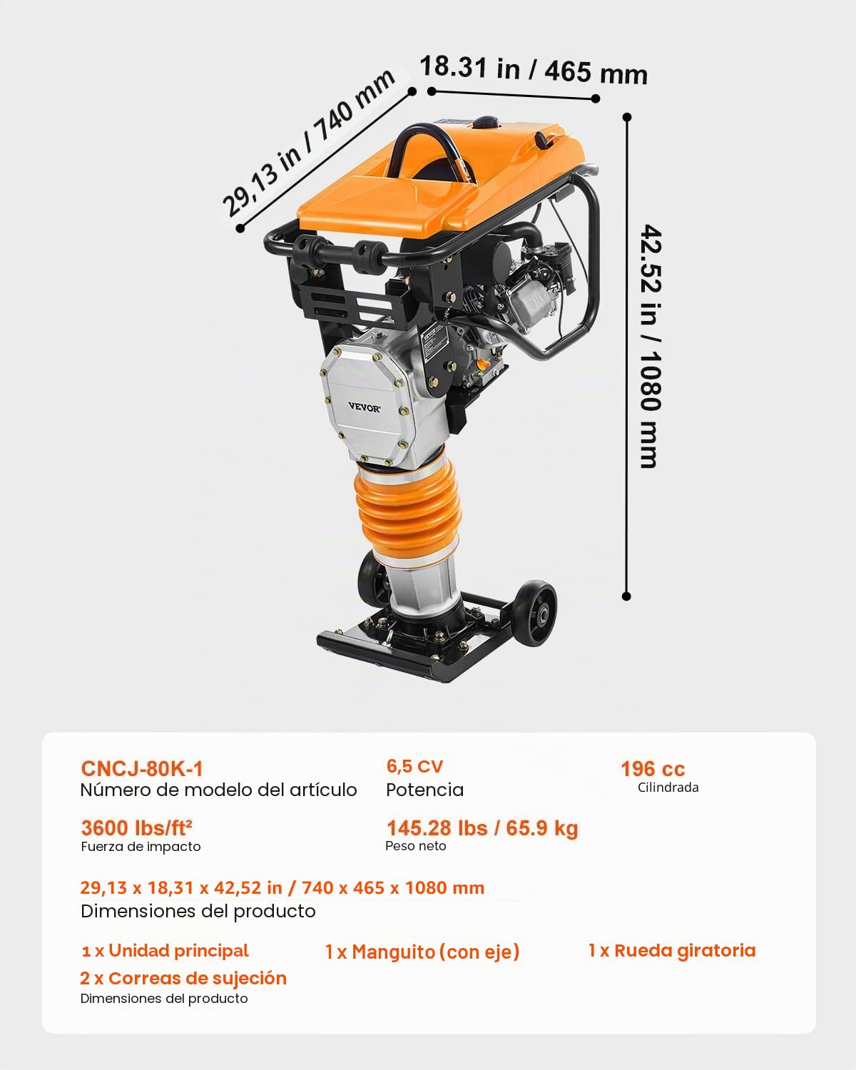 VEVOR Compactador de Gato de Salto Apisonador Vibratorio 6,5 HP con Motor de 196cc a Aombustible Fuerza de Impacto de 1632 kg para Suelo, Grava, Cimientos, Losas de Hormigón, 740 x 465 x 1080 mm