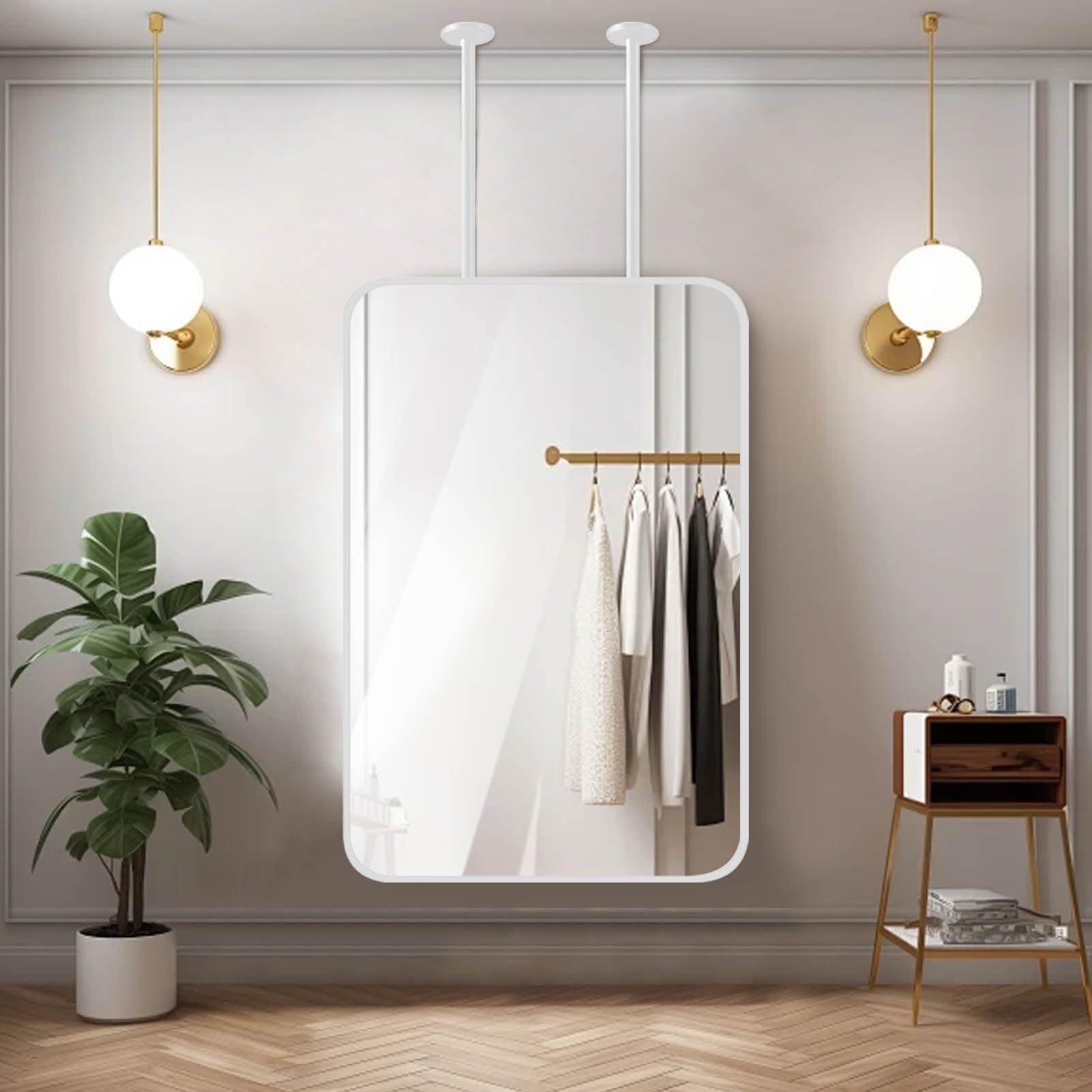 ITOSUI White Metal Framed Makeup Shower Vanity Mirror, Entryway Living Room Bedroom Mirrors Hanging Wall Mirror with Double Ceiling Rods(50cmx60cm)