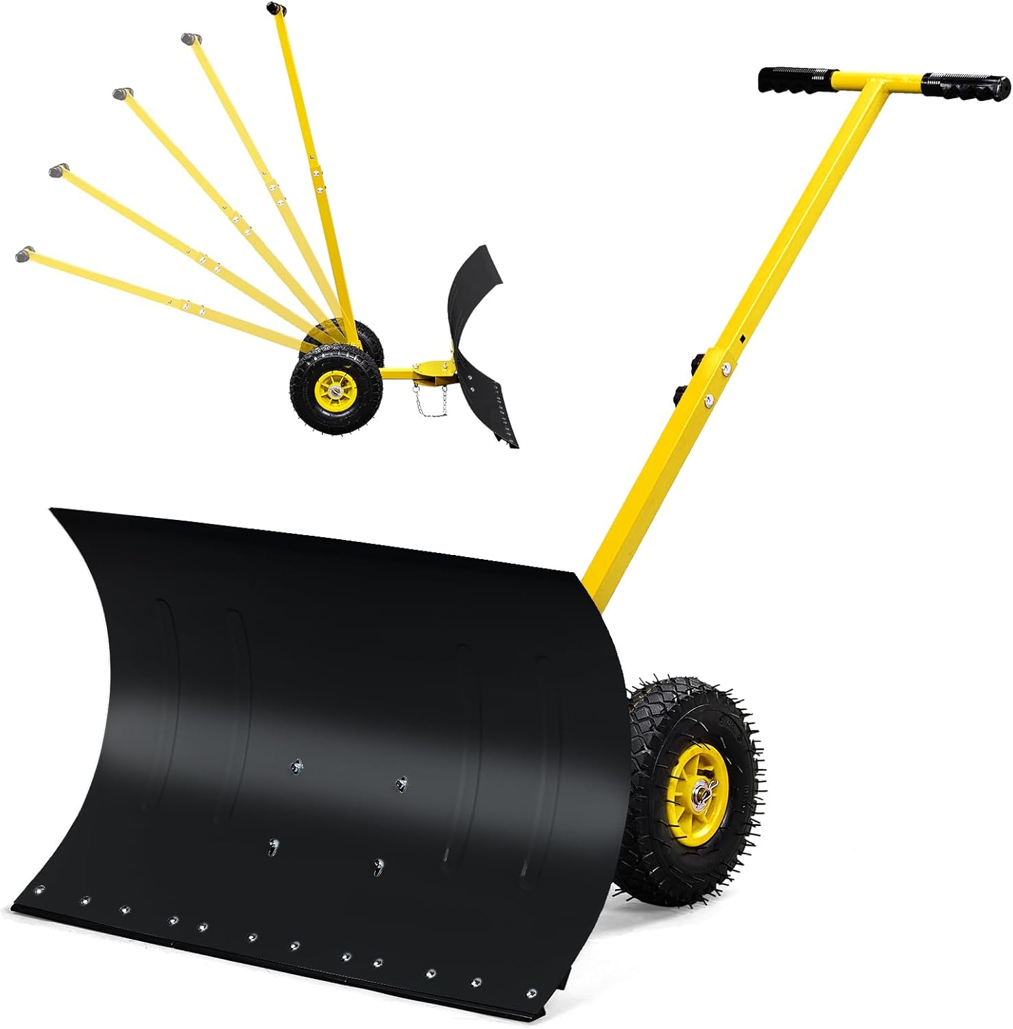 Outvita Snow Shovel with Wheels, 29" Wide 18" Long Snow Plow Shovel Angle & Height Adjustable Padded Handle Efficient Snow Clean Tool for Driveway or Pavement (Yellow)