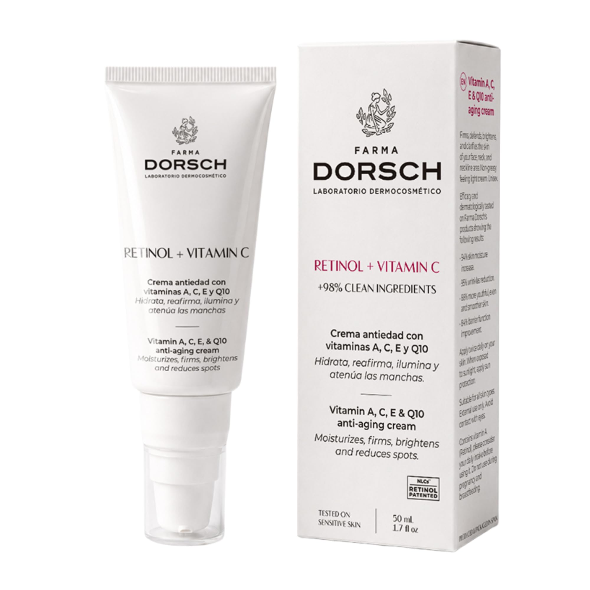 FARMA DORSCH - Retinol + Vitamina C | Crema Facial Antiarrugas Hidratante | Eficacia Clínica Probada: 95% Reducción de Arrugas | Fórmula Vegana y Eficaz | 50 ml