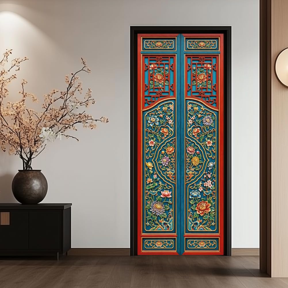 arricraft 2 Pcs 3D Self-Adhesive Door Sticker, 31.5"x78.7" Traditional Wood-Carved Floral Door Decorations Door Murals Stickers PVC Removable Wallpaper Decoration for Bedrooms ​Living Room