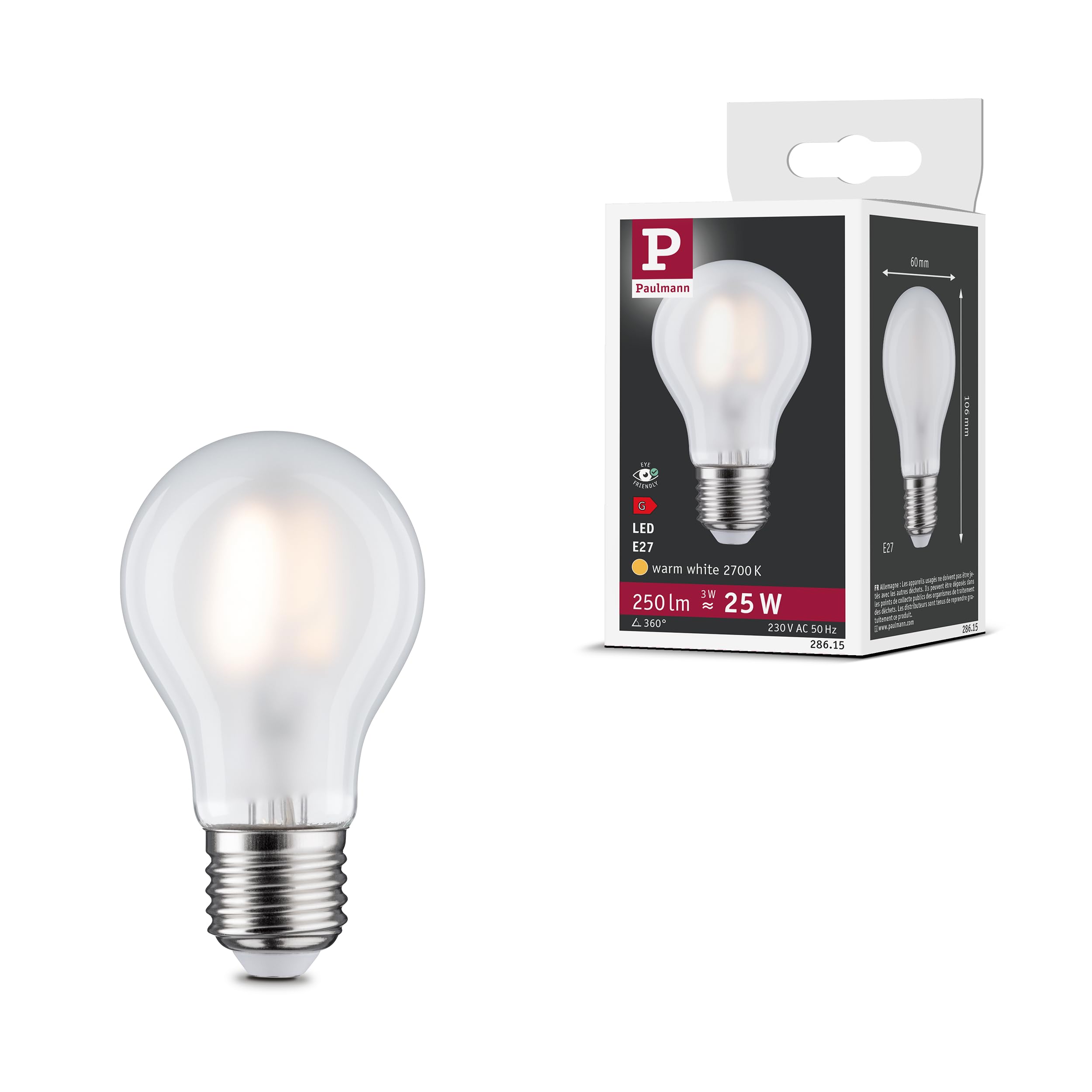 Paulmann LED Filament Birne Ø60 mm, E27, 3 W (entspricht 25 W), 250 lm, matt, 2700 K