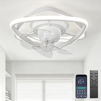 13" Small Ceiling Fan with Light, 360 Rotatable, Remote White 02 | Low Profile Flush Mount Fandelier, Dimmable 3CCT Quiet LED Ceiling Fans for Bedroom