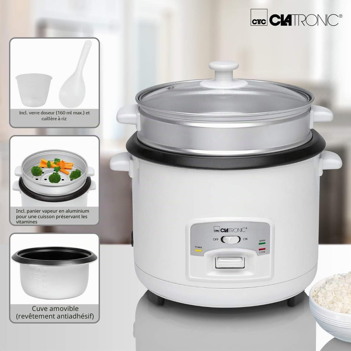 Clatronic Appareil Électroménager 2 en 1 - Cuiseur Riz à Revêtement Anti-adhesif - Cuiseur à Vapeur - Avec Panier à Étuver en Aluminium - RK 3566 Blanc